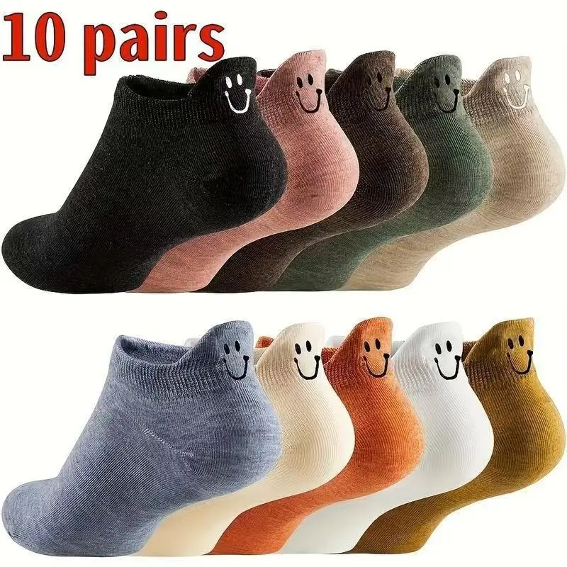 Women's Knit All-Season Cotton-Poly Floor Crew Socks - 10-Pack, Smiley Face Embroidery, Soft Breathable Fabric, Underwear for Women, Casual Wear, Everyday Use, Unisex Fit, Navy Black Khaki Easy Coordination