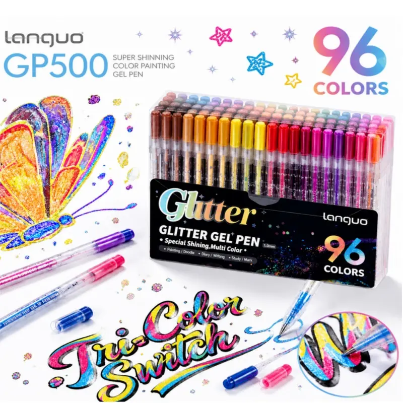 Languo 12/48/96 Pack Glitter Ink Gel Pens, 1.0 mm Fine Point Pens | Ultra Shiny Pigments, Stable Ink Flow, Easy Writing Control, Smooth Grip, Great for Albums, Greeting Cards, Lettering and Paper Projects