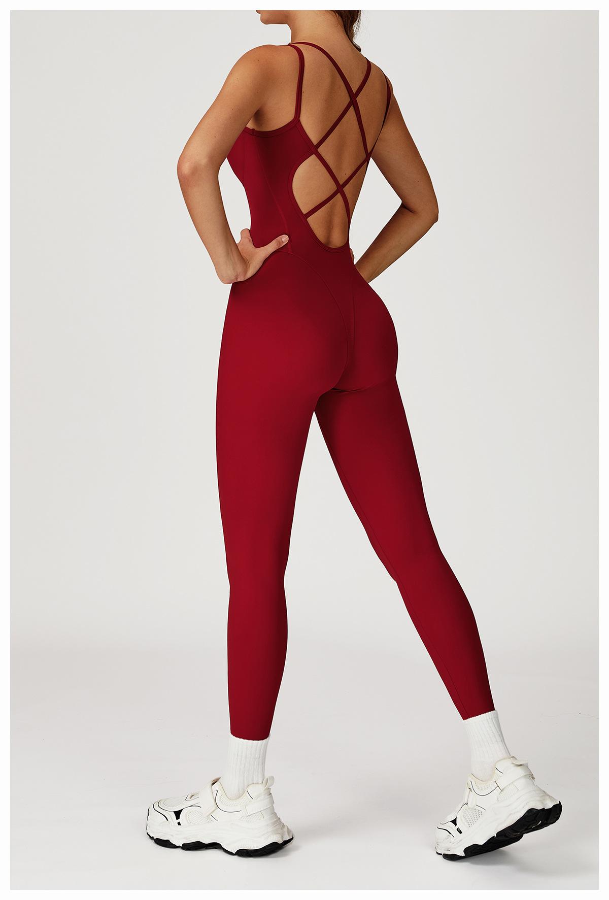 Nude-feel one-piece bodysuit with cross-back design, slim-fit yoga wear for outdoor running and fitness activities