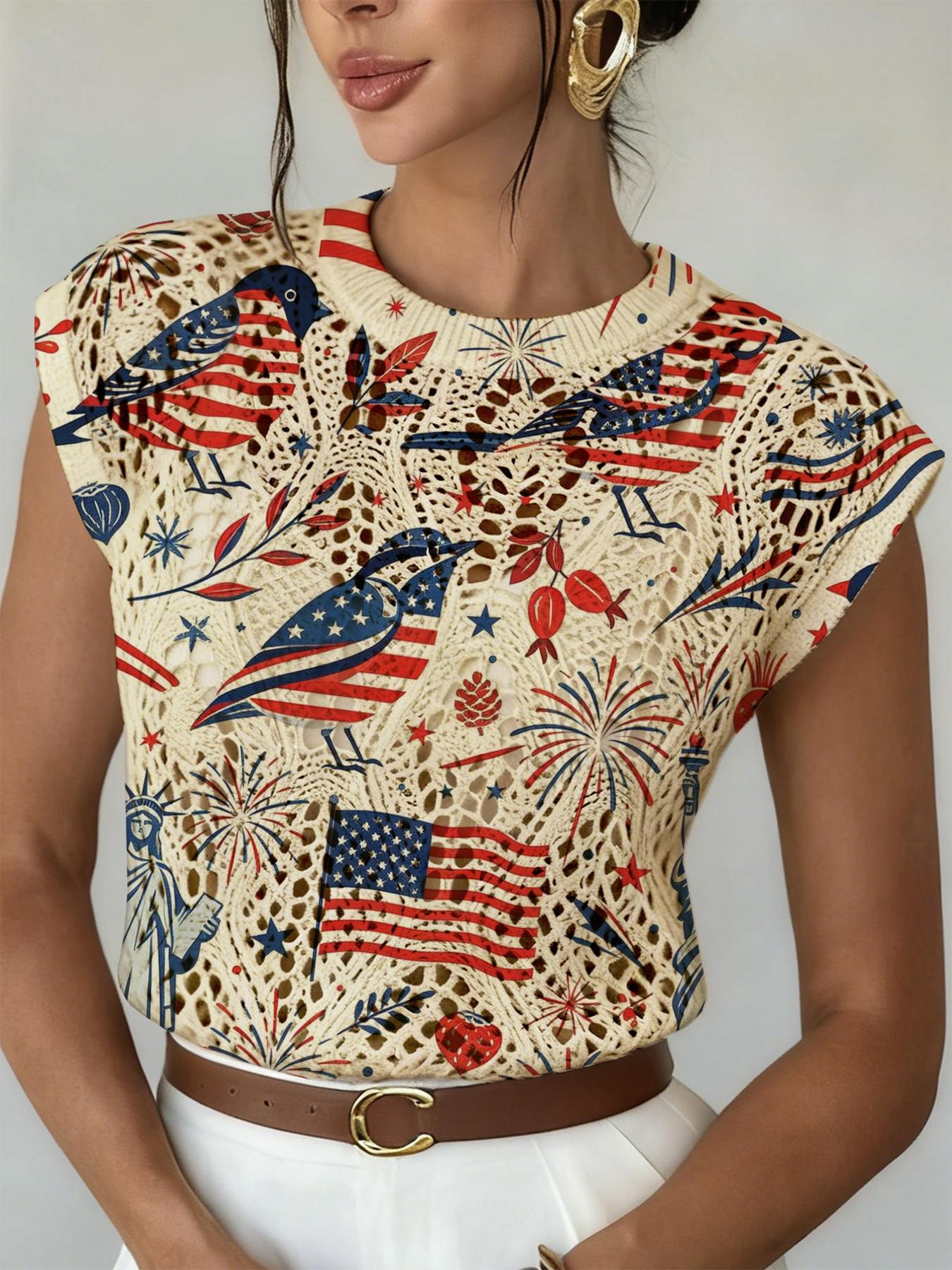 Elegant Women's Animal Flag Fireworks Leaf Statue of Liberty Print Knit Sweater, Casual Round Neck Sleeveless Top, Comfortable All-Season Wear