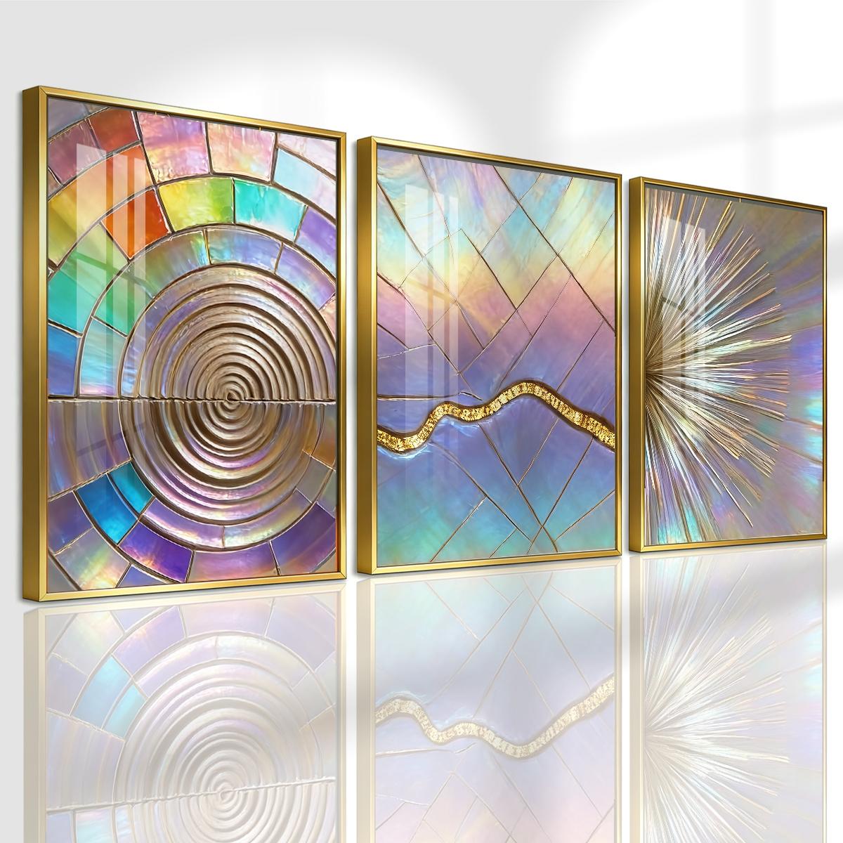 3 Counts Aluminum Alloy Framed Painting, Iridescent Abstract Geometric Art, Home Decoration For Living Room, Bedroom, Office, Restaurant, Hallway Wall Decor, Odorless Print Artwork, Luxury Perfect Gift For Friends And Family