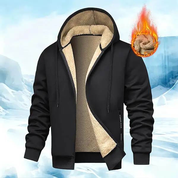 Upgrade your mensfashion winter outfit with fleece‑lined zip‑up hooded jacket, thick warm inner lining, drawstring hood design, side zipper pockets and relaxed fit for cold‑weather daily outdoor wearing.