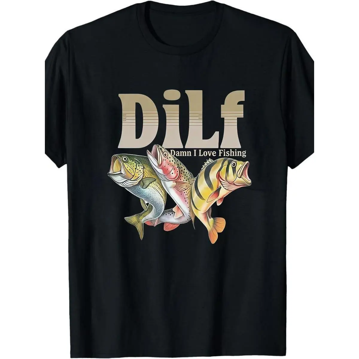 Menswear Funny DILF Fishing Tee, Soft 100% Cotton Vintage Meme Short-Sleeve Round Neck T-Shirt for Men, Foldable Digital Print Seamless Design Top