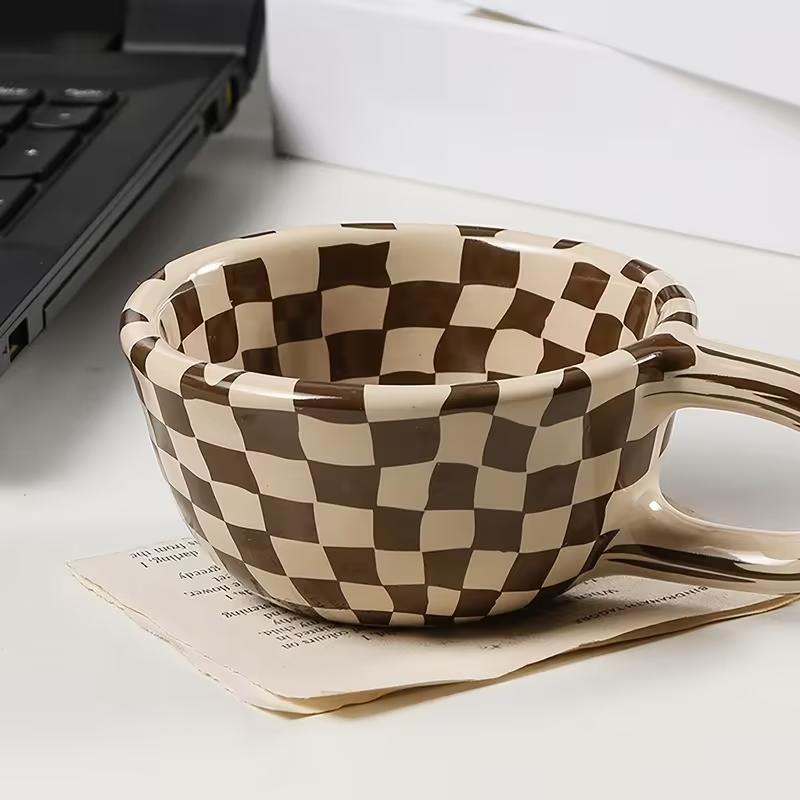 Elegant Ceramic Coffee Cup with Chessboard Pattern, Breakfast Latte Mug, Summer Milk Glass, Home Kitchen Essentials, Birthday Gift