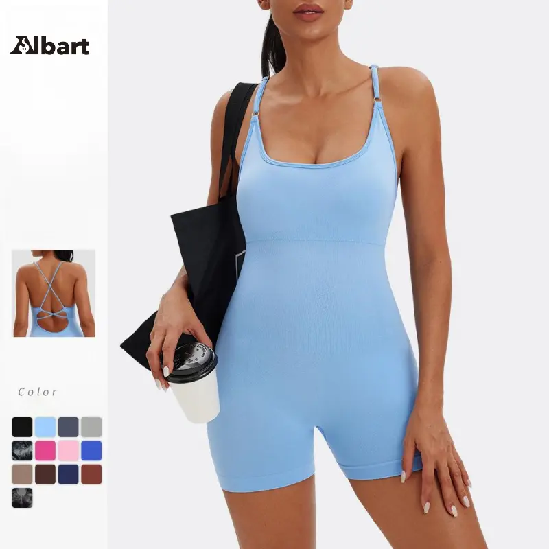 Women Seamless Textured Workout Bodysuit, Adjustable Thin Spaghetti Strap Crisscross Open Back One Piece Short Unitard, High Elastic Tummy Control Ruched Butt Lifting Slimming Athletic Romper, Available In Solid Matte, Tie Dye & Printed Colors For Yoga, P