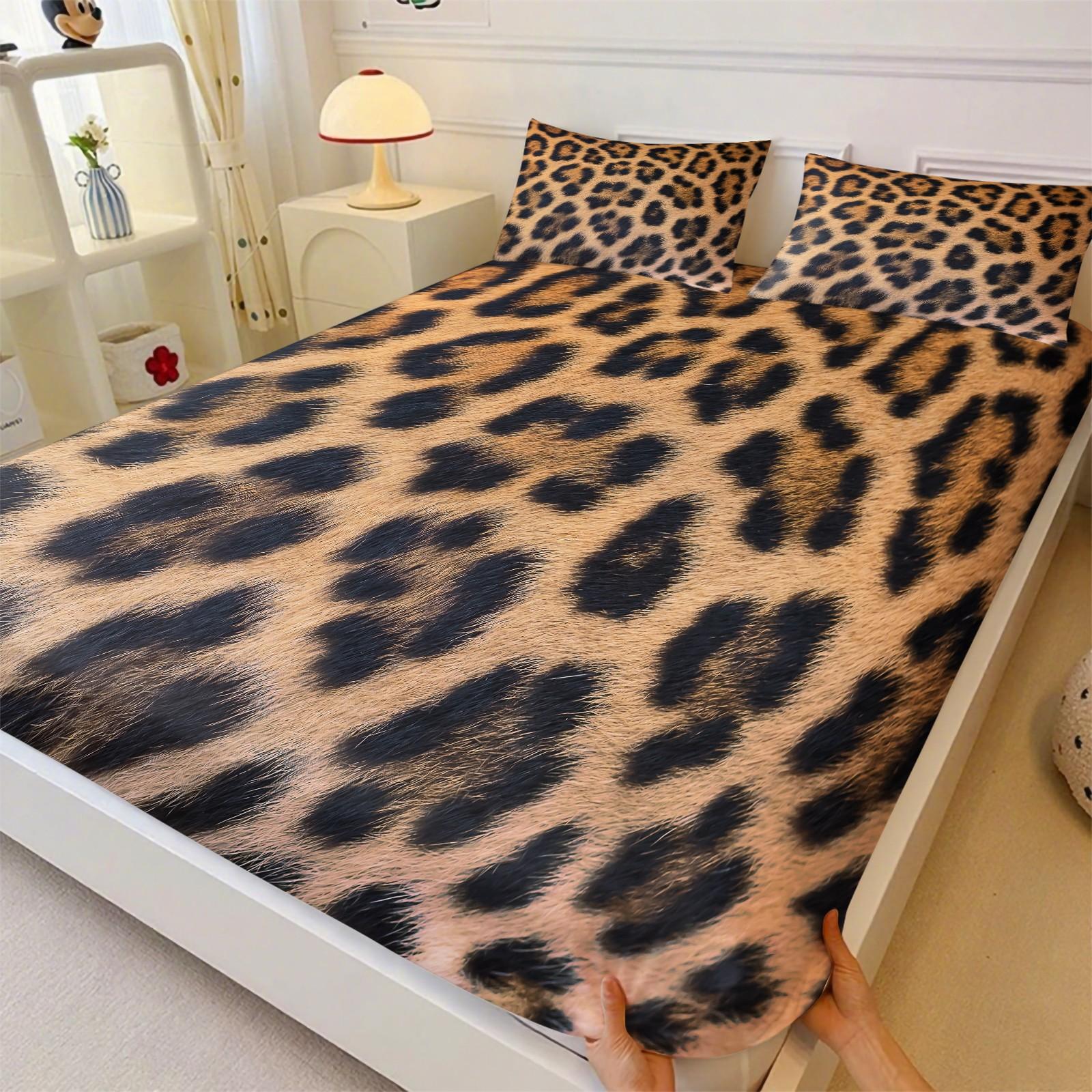 3pcs Leopard Print Fitted Sheet Set, Faux Fur Look Leopard Bed Sheet Set, Soft Microfiber Bedding Set (No Filler), Luxury Wild Animal Print Decor for Kids Boys Girls Bedroom & Dorm Room