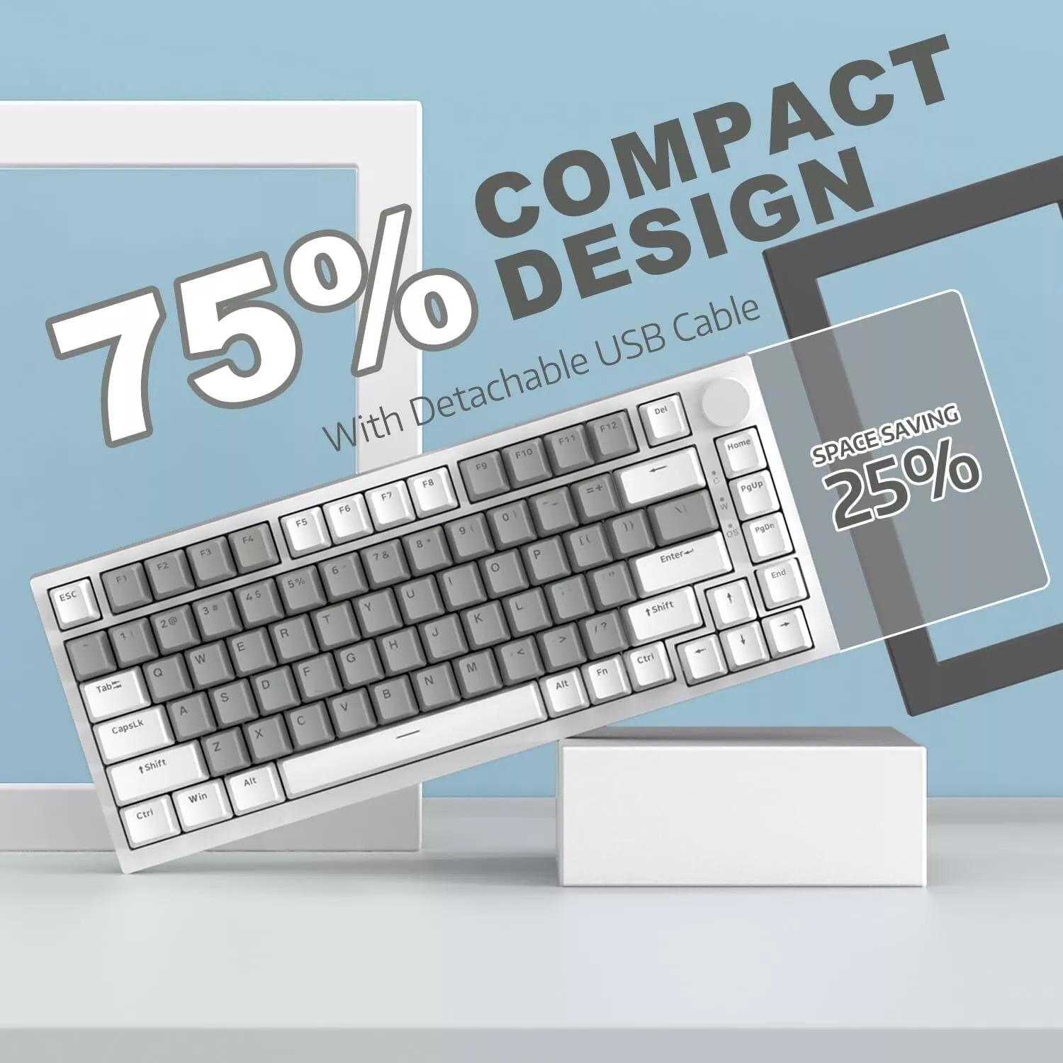 AJAZZ AK820 Mechanical Keyboard Gray and White Dual-tone Keycaps 75% Wired Office Mechanical Keyboard with White Backlight, Volume Knob, Fast Response, Full Key Hot-swapping, Comfortable Typing Experience, Suitable for Gaming, Office, and Other Multi-scen