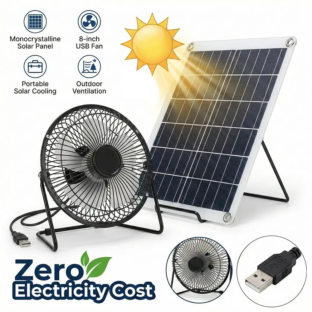 【BackToSchool】15W Solar Powered Fan with 8 Inch USB Exhaust Fan, Portable Monocrystalline Solar Panel Ventilation Fan for Camping, Greenhouse, RV, Shed & Outdoor Cooling#fathersdaygift