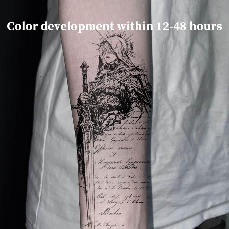 Vintage Script Holy Warrior Knight Sword Herbal Juice Semi Permanent Tattoo Sticker Waterproof Long Lasting Fake Body Tattoo Temporary Fake Tattoos Unisex Forearm Gothic Medieval Body Art Decal