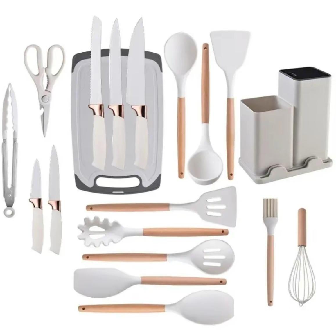 GalentinesDay Kitchen Utensils Set, 19pcs/set Including SiliconeCooking Utensils Set & Holder & Cutting Board,Non-stick Cookware Set, Modern CookingUtensils Set for Home Kitchen Black Wooden Spatulas Wooden Lid Spoon White Pink