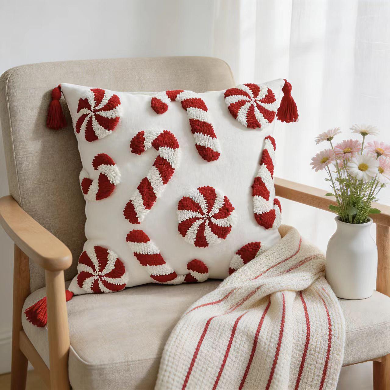 1 Christmas pillow cover, 17.7x17.7 inches, candy cane design, zipper seal, modern canvas decorative cushion cover suitable for living room, bedroom, study,-excluding inner core, sofa cushion, decorative pillow, beautiful modern cushion cover, living room
