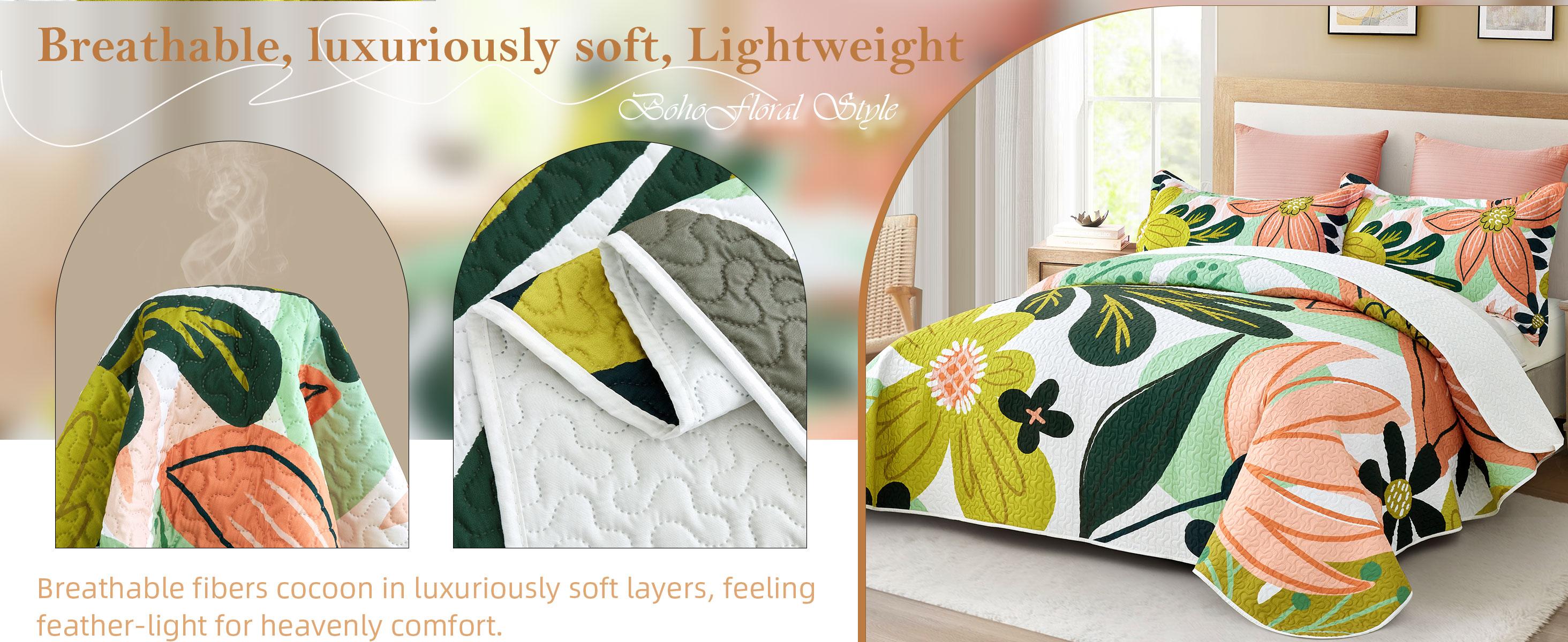 Tyrot 3 Piece Boho Floral Quilt Sets Farmhouse Botanical Reversible Lightweight Bedspread Coverlet with 2 Shams Mid Century Leaves Microfiber Bedding Quilts Set for All Season summerwins