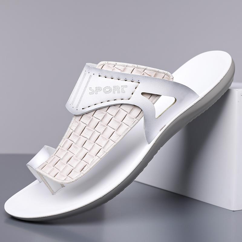 Men's Summer New Sandals, Letter Print Straw Texture, Trendy Anti-Slip Thin Sole, Casual Beach Shoes, Fashionable and Comfortable