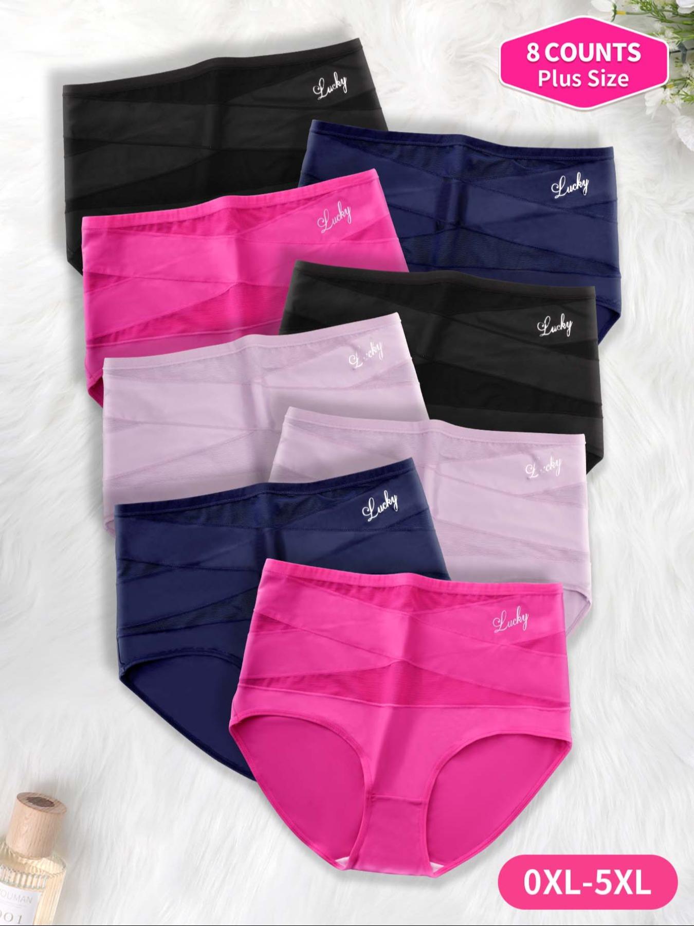 【Plus Size】 Solid Contrast Mesh High Waist Panty, Breathable Comfy Knicker for Daily Wear, Women's Underwear for All Seasons, Fashion Breathable Underwear