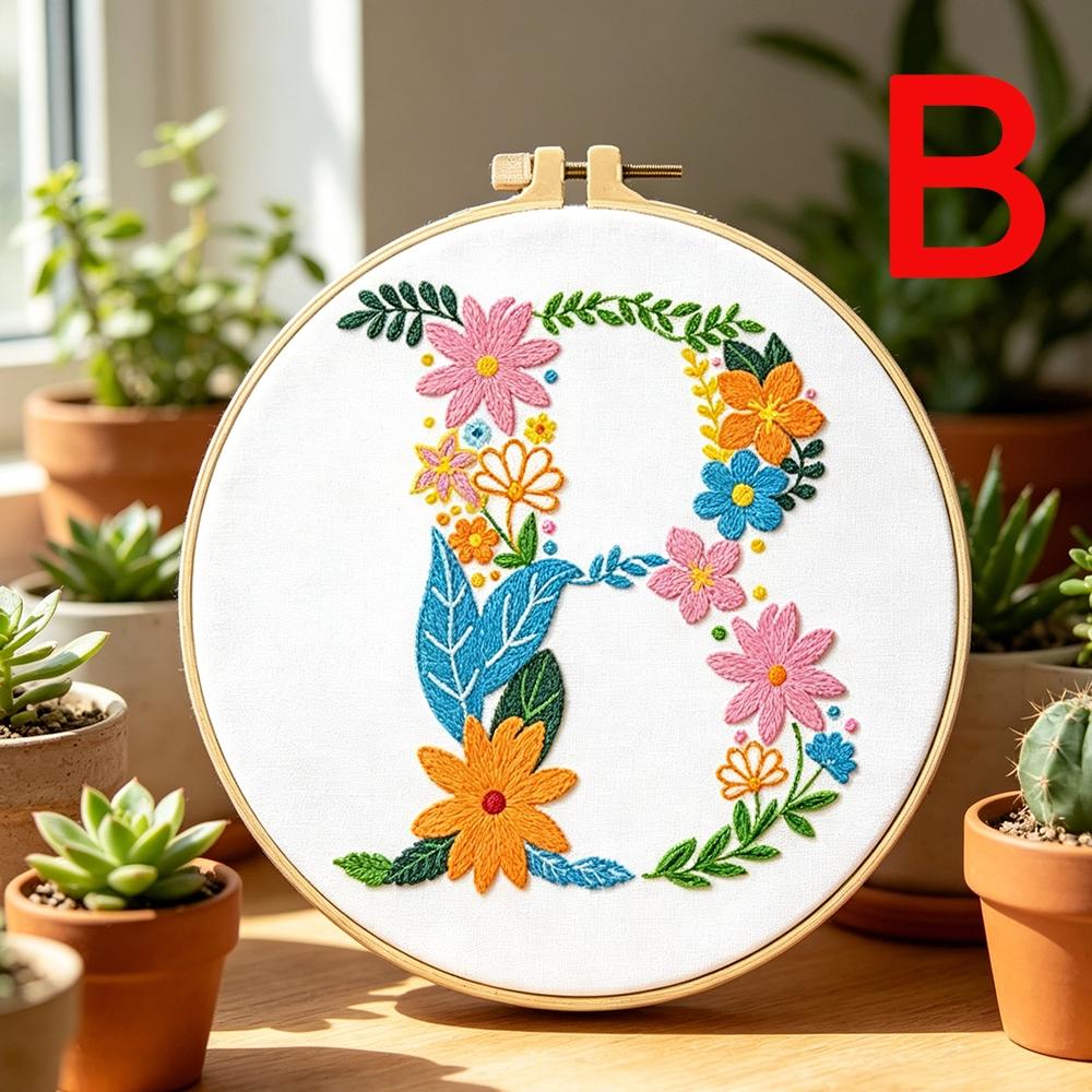 Creative Floral Letter Embroidery Kit, Beginner-Friendly Sewing Art Set, Includes Embroidery Cloth, Threads, Tools(random color), Instructions, Unique Home Decor, Gift, Souvenir