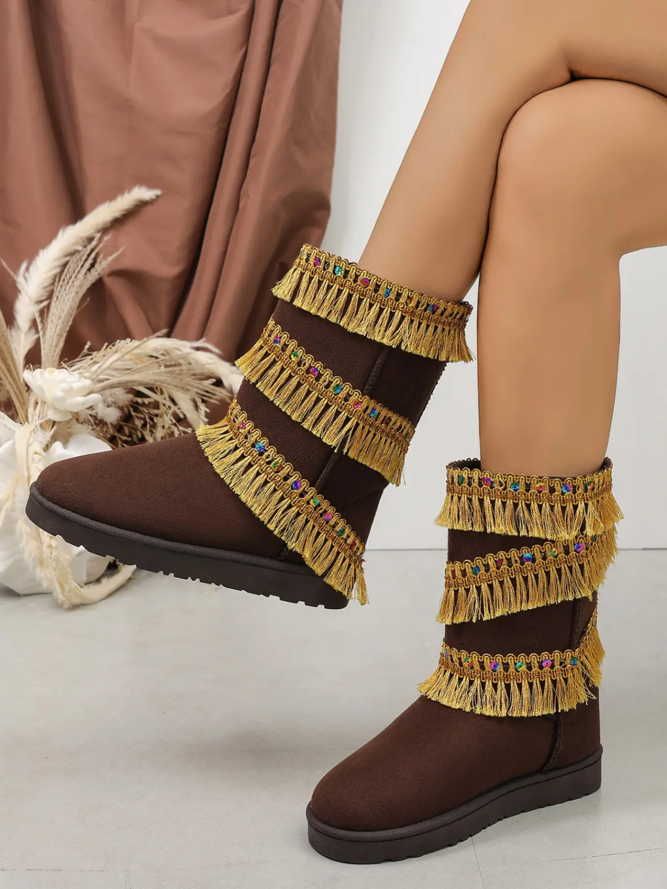 Women's Ethnic Style Fringe Short Booties, Soft Skin-Friendly, Flat Sole, Lightweight Comfort, Perfect for Fall & Winter
