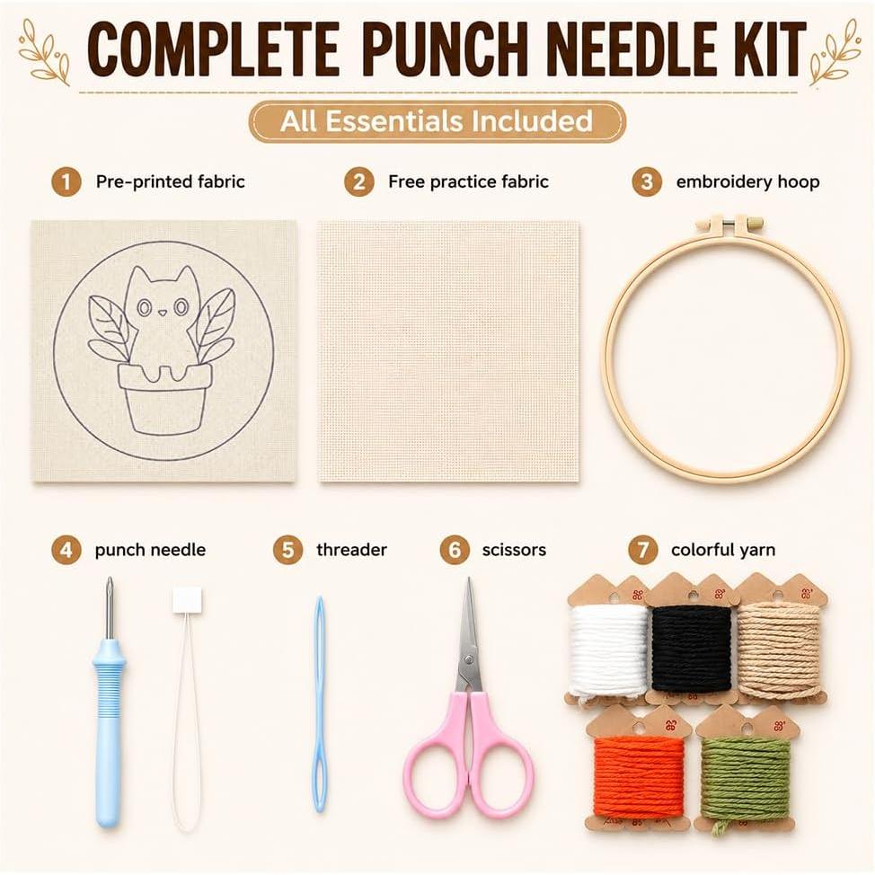 Beginner-Adult Punch Crafting Kit, Synthetic Fabric, Embroidery Hoop, Video Guide, Complete DIY Needlework Set for Relaxing Hobby Ideas