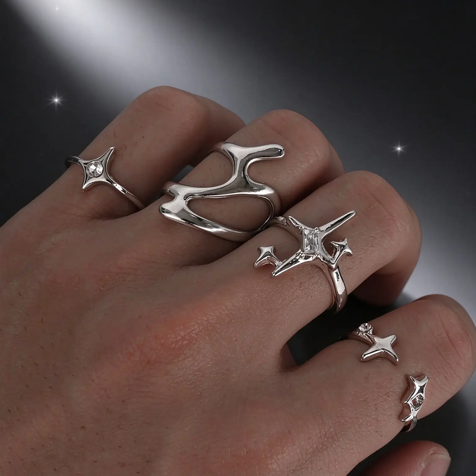 Y2K Retro Asymmetrical Couple Rings Set, Rhinestone Star Statement Multi Ring, Edgy Aesthetic Fashion Jewelry, Versatile Accessory for Dates, Vacations, Holiday Parties & Daily Outfits  >