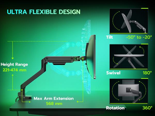 ARES WING  Single/Dual Monitor Mount with USB A/C, Ultrawide Monitor Arm for 17 to 49 inch Heavy Duty Screen, Holds 44 lbs, Adjustable Gas Spring Arm Desk Mount with Clamp and Grommet Base