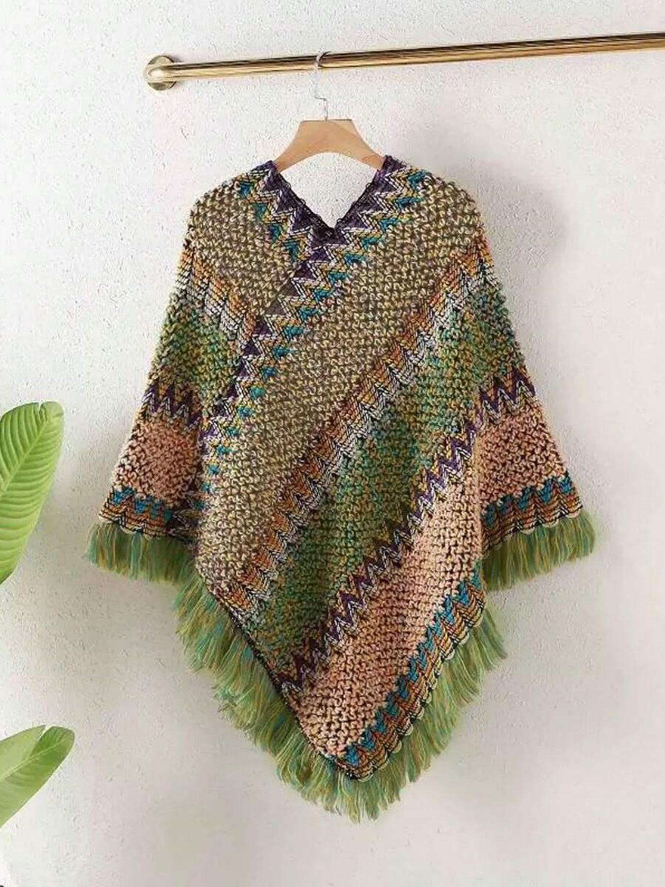 1pc Herringbone Tassel Shawl, Boho Style Shawl, Shawl Cape, Fashion Versatile Travel Poncho, Warm Scarf Wrap, Tassel Decor Shawl