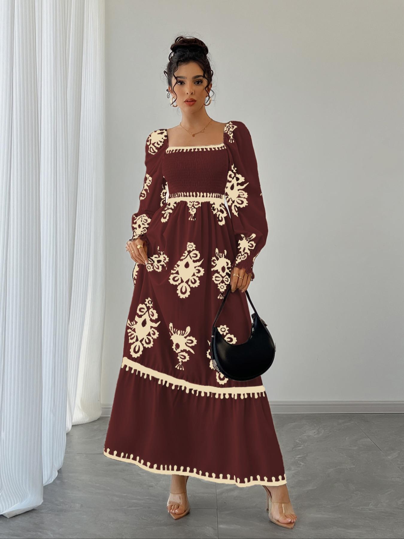 Women's Vintage Boho Floral Print Lantern Long Sleeve High Waist Dress, Square Neck Shirred Design, Valentine's Day Party Elegant