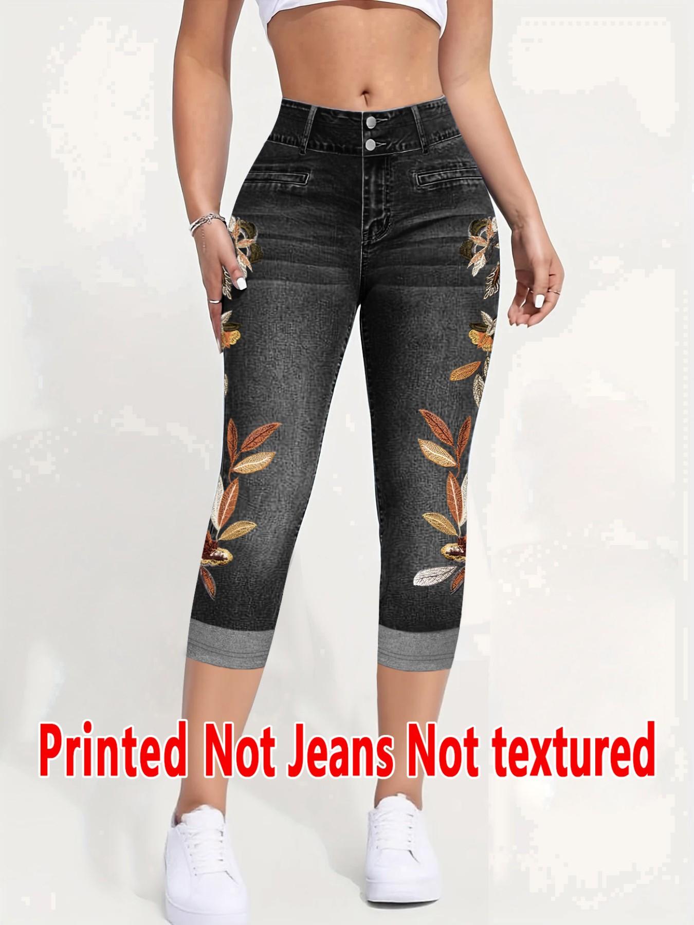 Women's Printed Skinny Pants Non-Denim Fabric, Ladies Seven-Inch Print Jeans-Like Bottoms, All Seasons Fashion