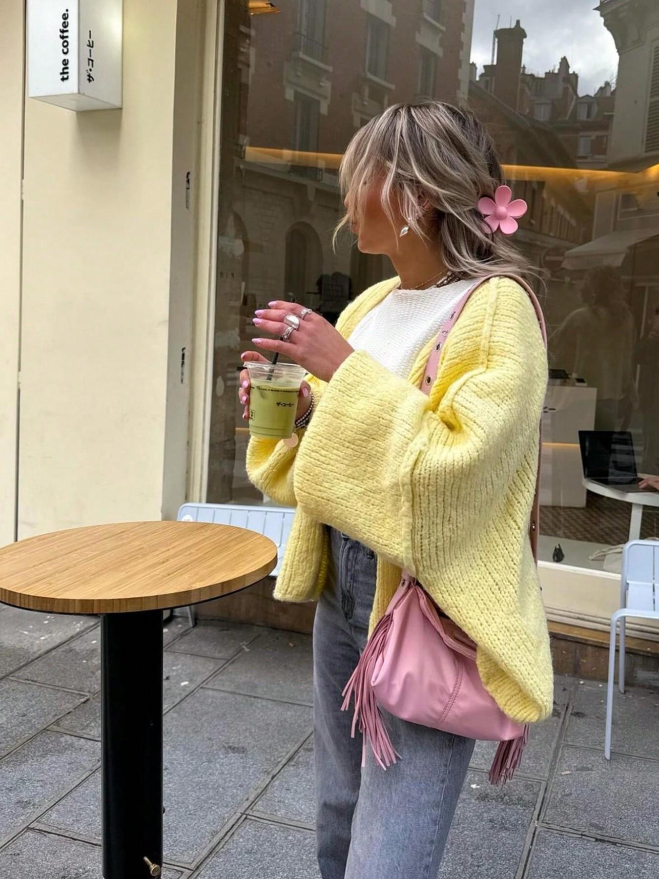 Gentle macaron-style V-neck knit cardigan, Knitwear, creamy yellow solid color, ribbed chunky knit, batwing loose sleeves, soft & cozy, Spring/fall layering essential, perfect for coffee dates, casual outings, sweet romantic vibe, Daily warm wrap-style