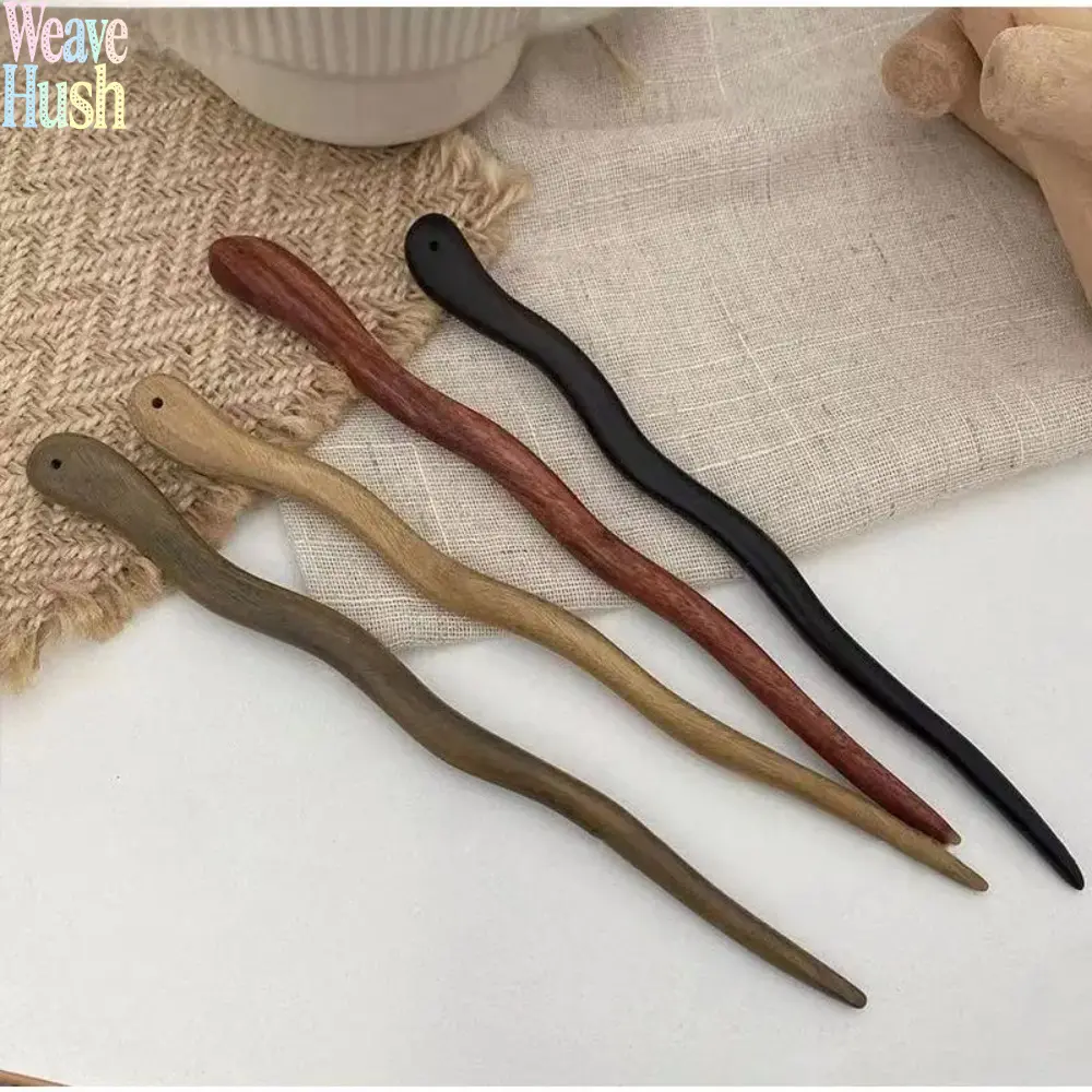 Hand Carved Wavy Solid Wood Hair Sticks 4-Piece Set, 18cm Vintage Sandalwood, Ebony & Mahogany Anti-Slip Bun Holder, Minimalist Hanfu Hair Accessories For Women, Ideal For Daily Wear & Vintage Hairstyling