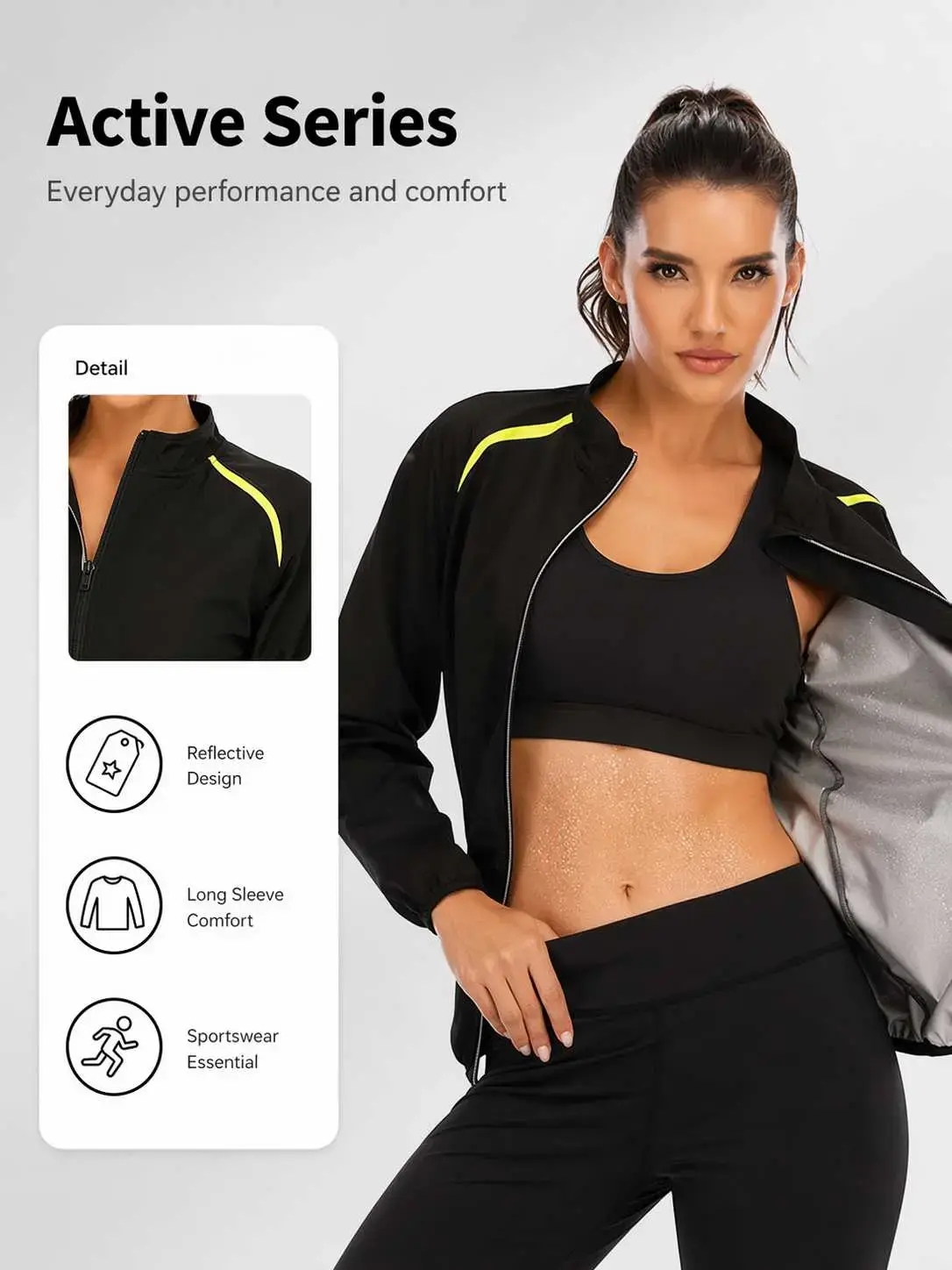 Women's Sweat Sauna Set, PU Coated Long Sleeve Zipper Stand Collar Jacket, Reflective Shaping Fitness Shirt, Running Yoga Gym Wear, Sports Yoga Jacket, Performance Zip Jacket, Sportswear Jacket, Workout Jackets, Fitness Outerwear, Workout Clothes Women