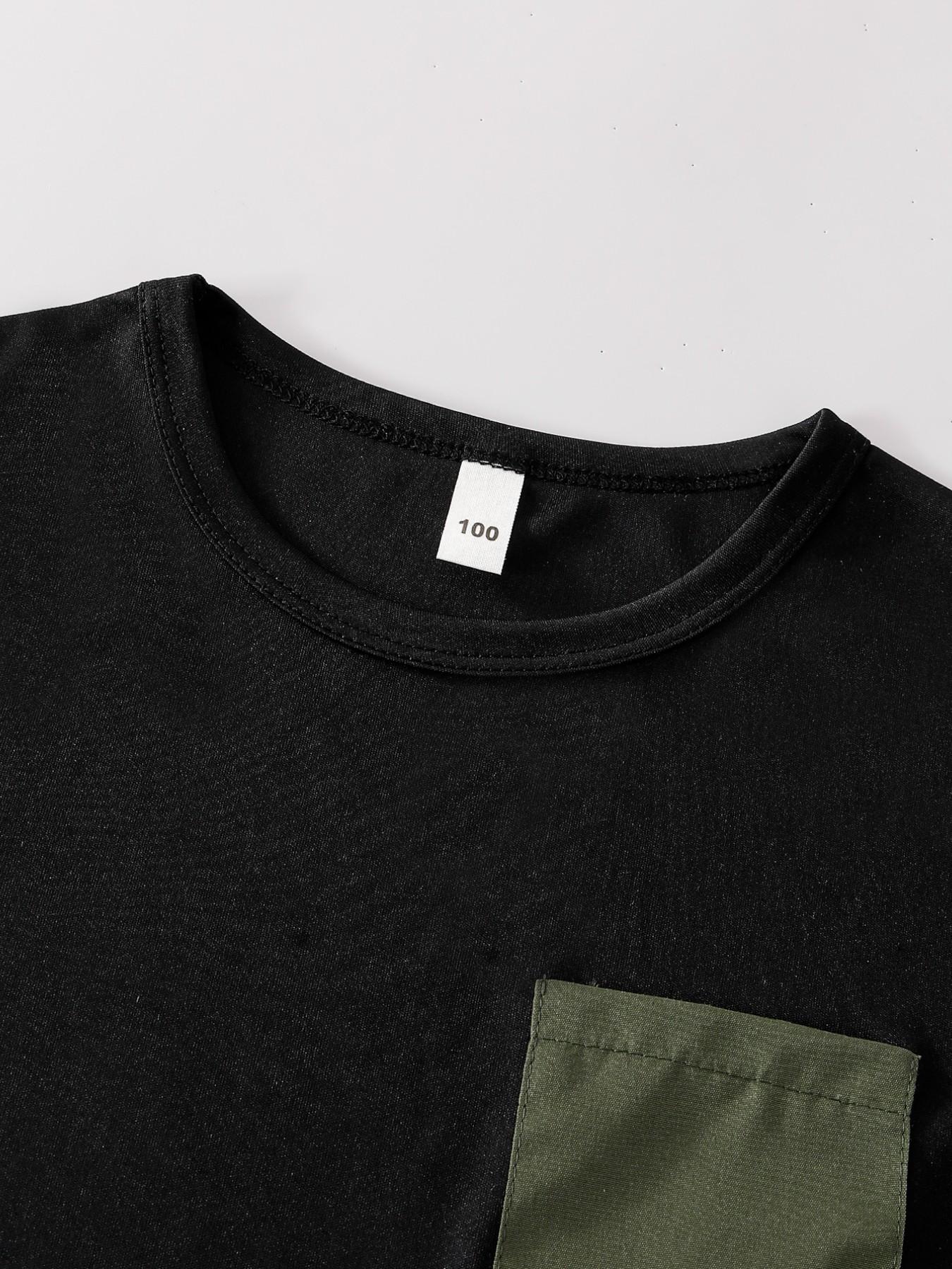 Boys' Summer Fashion Set, Casual Round Neck Short Sleeve T-Shirt with Pocket Design, Cool Breathable Outdoor Wear, 2-Piece Set