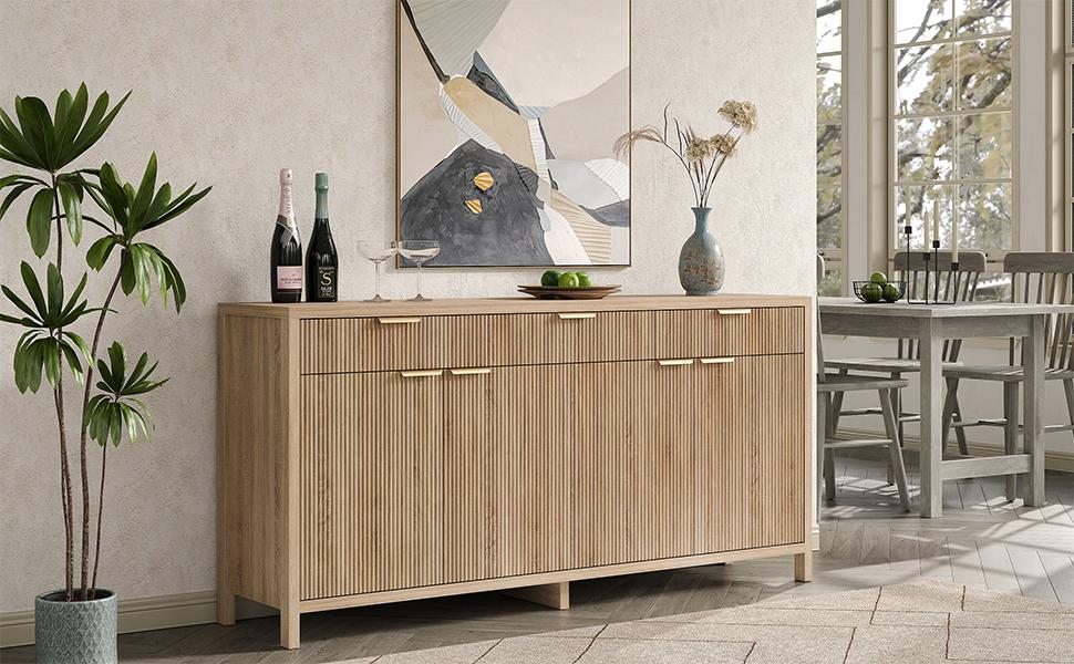 FUSOU 66" W Fluted Buffet Cabinet, Sideboard Storage Cabinet with 3 Drawers & 2 Cabinets, Mid-Century Coffee Bar Table for Living Room, Dinning Room, Natural