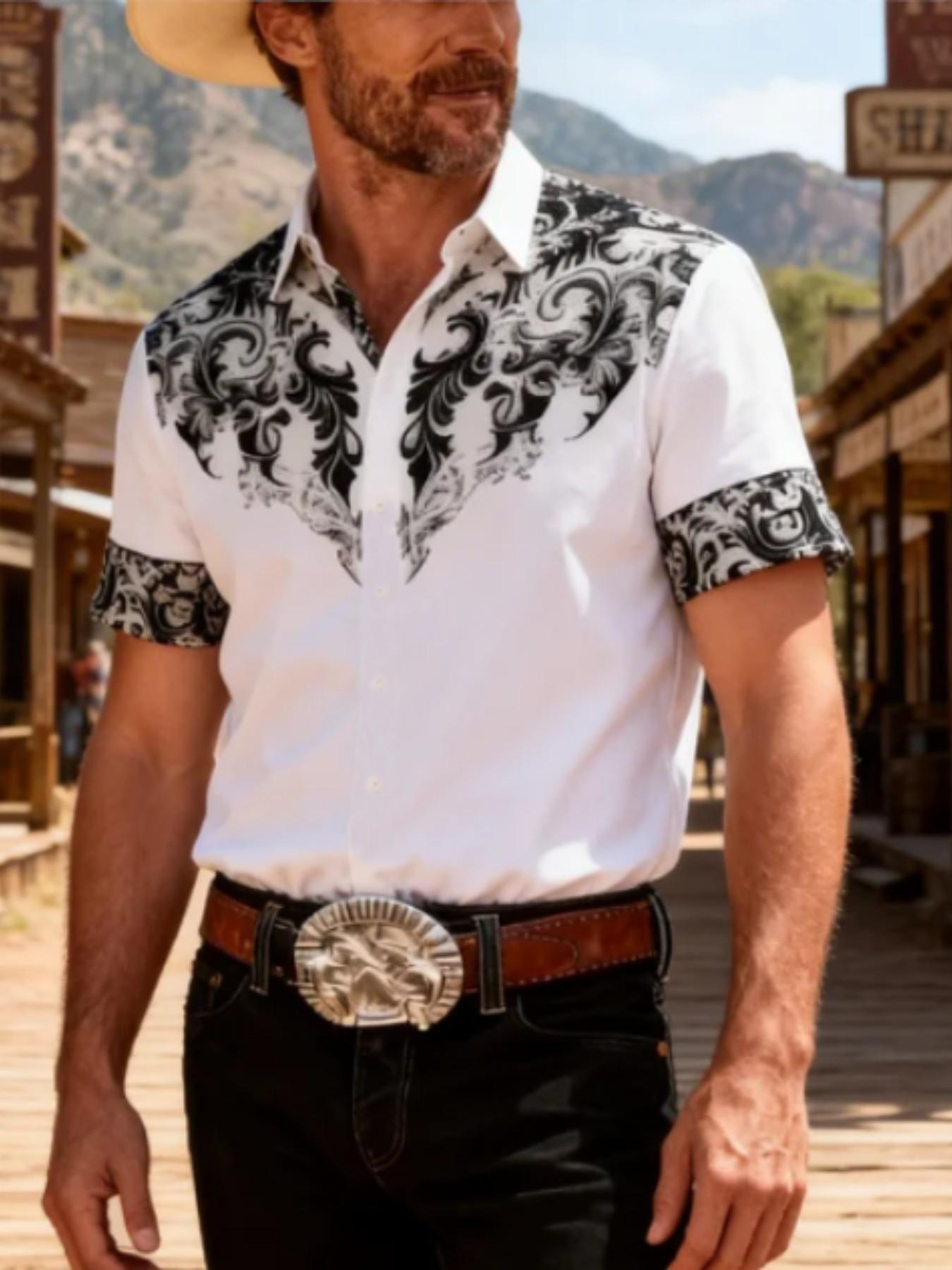 Western Cowboy Style Men's Short Sleeve Shirt, Vintage Baroque Print Collar Casual Top, American Retro Commute Versatile Button-Down