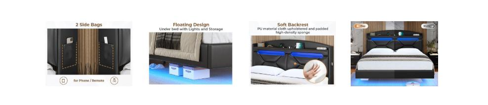 Sikaic RGB LED Floating Platform Bed Frame with Type-C Charging Station & Storage Headboard No Box Spring Needed PU Black Furniture Home