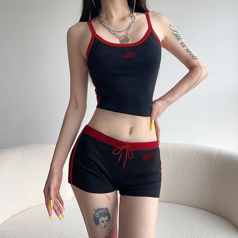 Women Biker Shorts Athletic Shorts 2 Piece Workout Sets Casual Sports Activewear Sports style contrasting color splicing casual two-piece set, letter embroidered suspender, sports vest, lace-up shorts set running split Backless Halter Crop Top