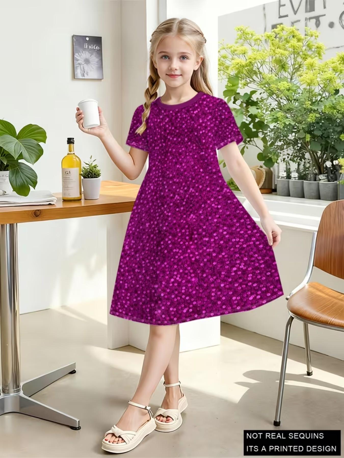 Girls' Elsa Princess Dress, Summer Short Sleeve Frozen Print A-Line Dress, Casual Fitted Asymmetrical H-Type One-Piece