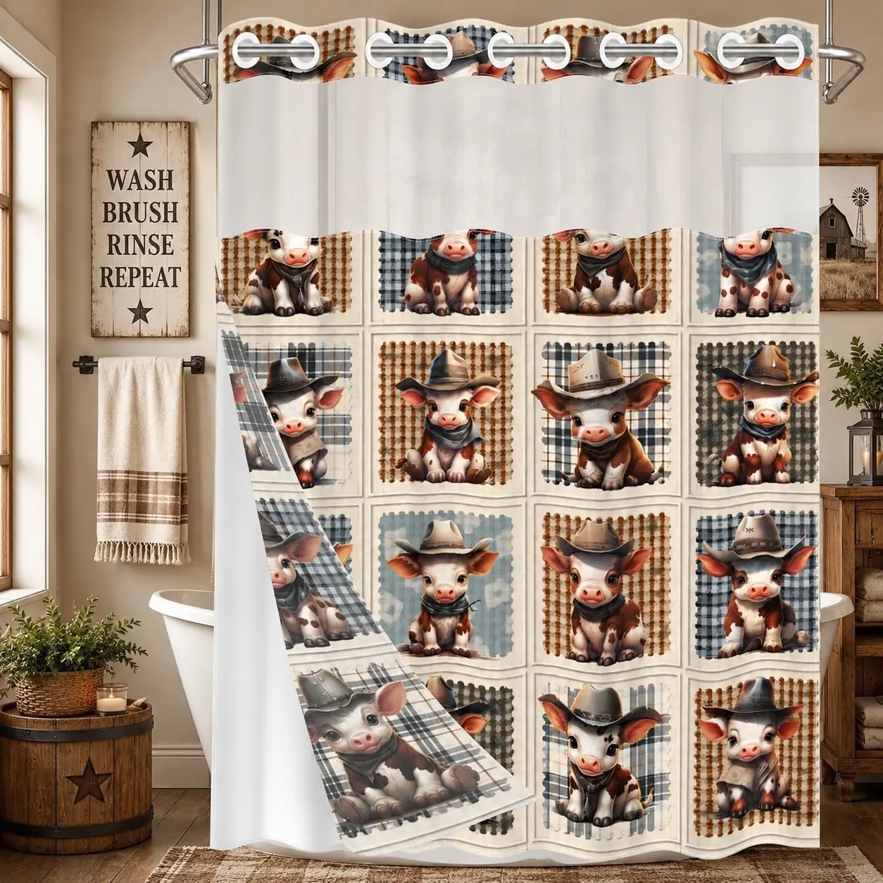 1PC 2D Flat Cute Cowboy Calf & Plaid Patchwork Pattern Double-Layer Woven Shower Curtain, No Hooks, Transparent Top Window, Removable Snap-On Liner, Western Farmhouse Bathroom Art Decor, Bathroom & Holiday Decoration