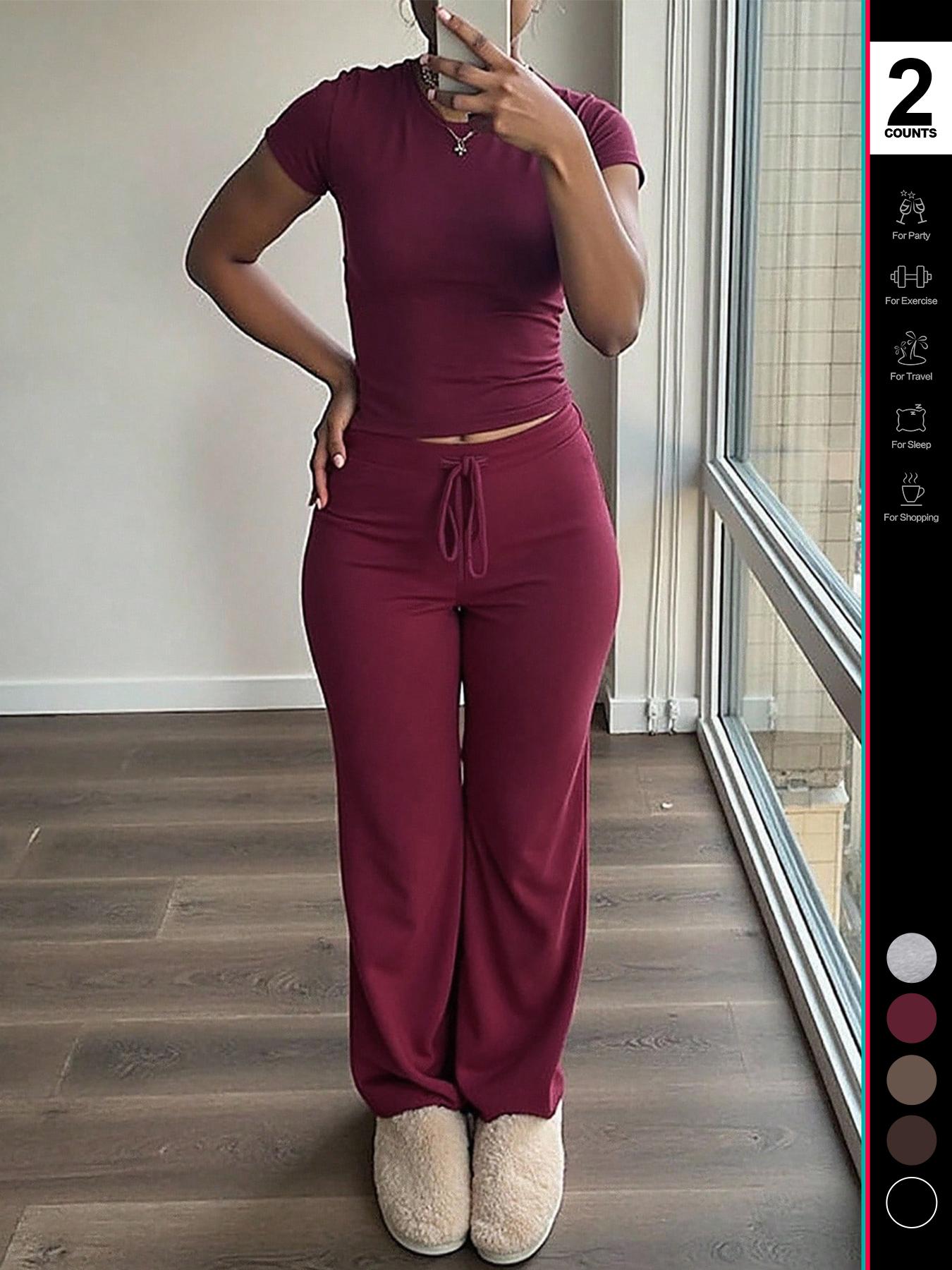 2026 Women's Two-Piece Y2K, Fitted Baby Tee & High-Waist Flare Lounge Pants, Stylish Loungewear Tracksuit Set, Textured Sweatsuit