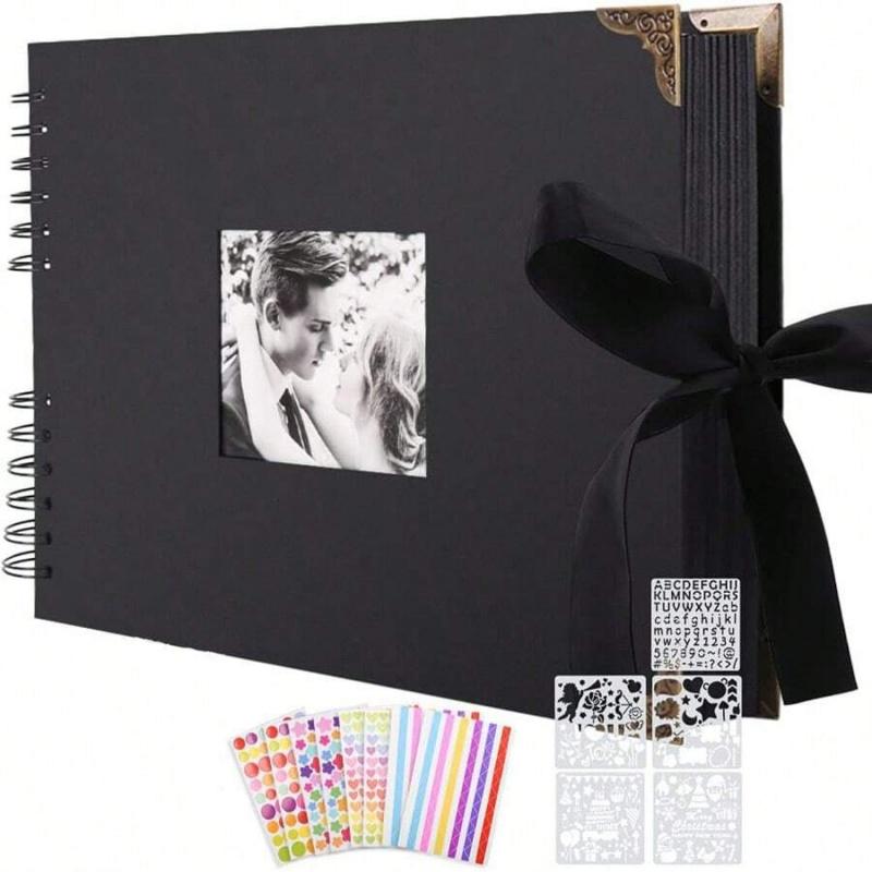 Spiral-Bound DIY Scrapbook Kit, Hardcover Photo Album with Ribbon Closure, Complete Set with Stickers & Stencils, Personalized Memory Journal for Weddings, Travel, Birthdays and Anniversaries