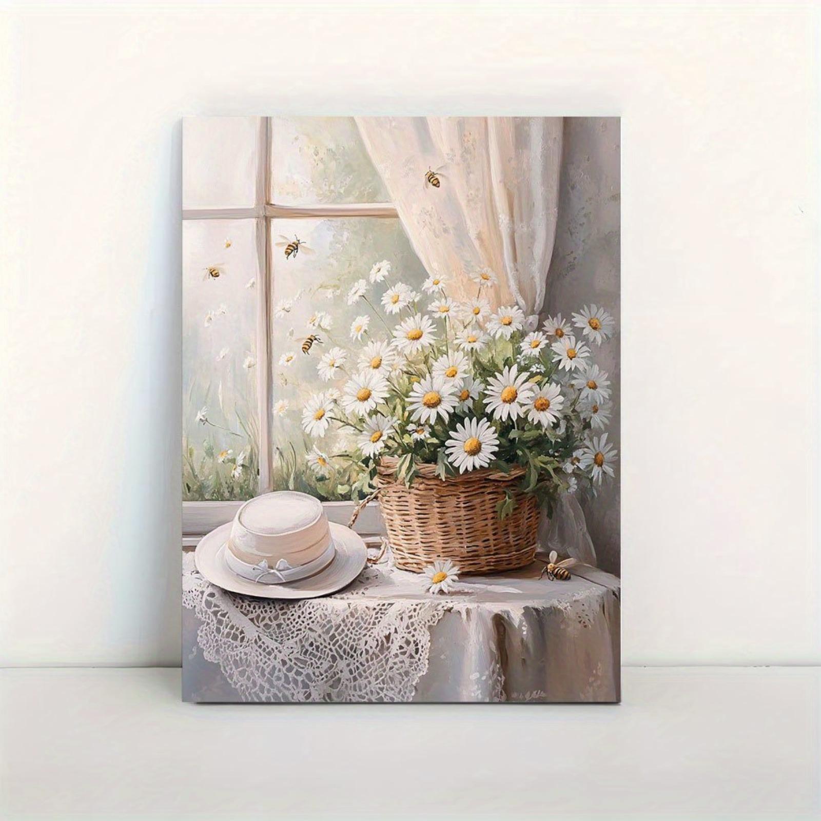 JIT 1PC Rustic Daisy Basket Canvas Art - Wooden Framed, Ready-to-Hang with White Flowers  Green Leaves, Serene Indoor Wall Decor for Bedroom, Bathroom, or Kitchen, Perfect Holiday Gift for Her or Him, Natureinspired Design, Rustic Home Deco