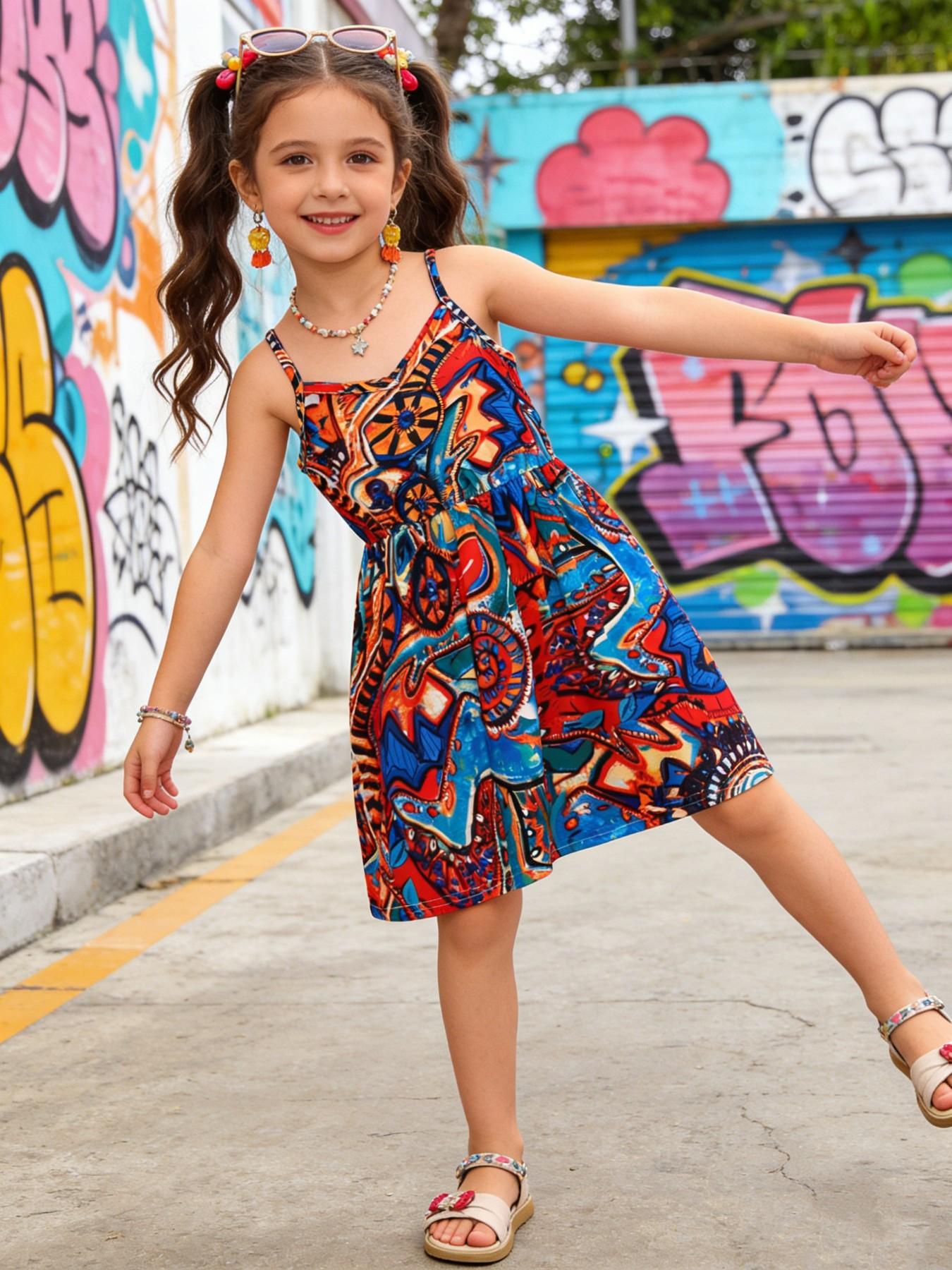Girls' Ethnic Style Halter Dress, Knee-Length Ditsy Floral Dress, Casual Fitted Dress, Spring Summer Essential