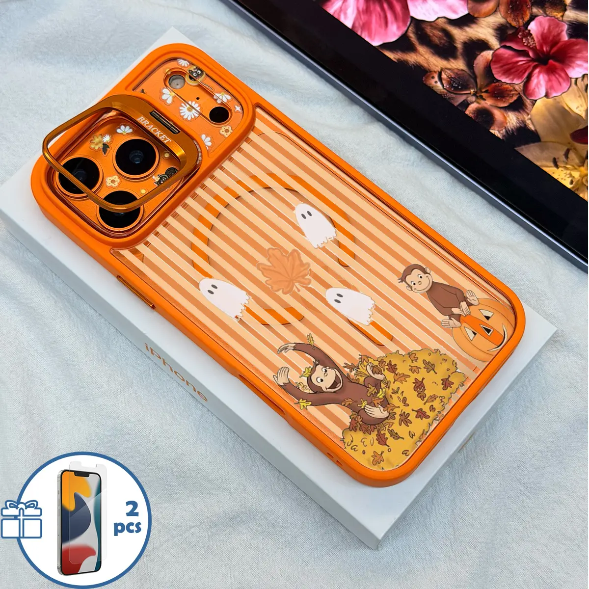 Autumn George Ghost Stripe Halloween Pattern MagSafe Shockproof Phone Case with Camera Foldable Stand, Magnetic Anti-Scratch Cover Compatible for iPhone 17 Pro Max/16/15 & Samsung Galaxy Series with 2 Pcs Free Tempered Glass Screen Protector Full Coverage