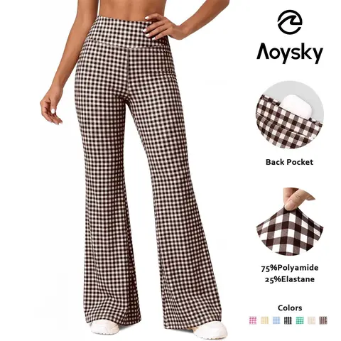 Aoysky Women's Plaid High-Waist Bell Bottom Pants - Polyamide Blend Soft Stretch Lightweight Casual Comfy Trousers with Flare Leg Bell Bottom Cut for Vintage Wear