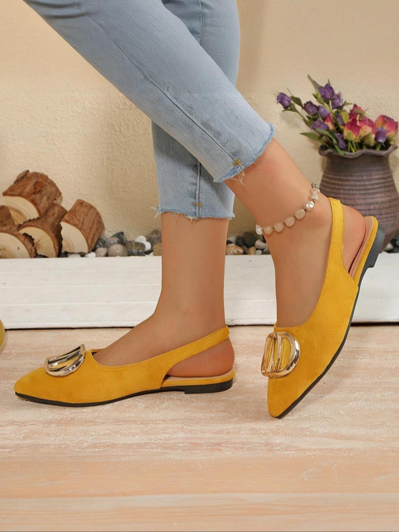 Women's 2026 Hot Trending Metal Buckle Detail Slingback Pointed Toe Flat Pumps, Elegant All-match Footwear for Office, Daily Wear & Evening Occasions, Fashion Dress Shoes for Women & Girls