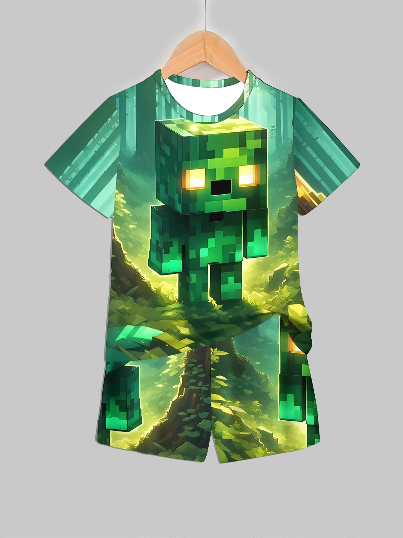 Boys' Creeper Pixel Print Short Sleeve Shorts Set, Casual Asymmetrical Design, Natural Waist, H-Type Silhouette, Random Print Pattern