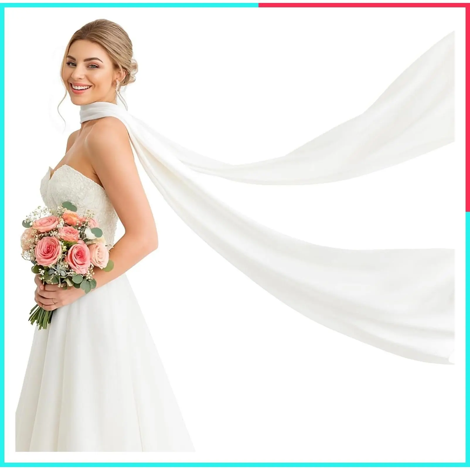 142-Inch White Bridal Tulle Neck Scarf | Minimalist Wedding Wrap for Ceremony, Elopement, Reception & Portrait Accessory