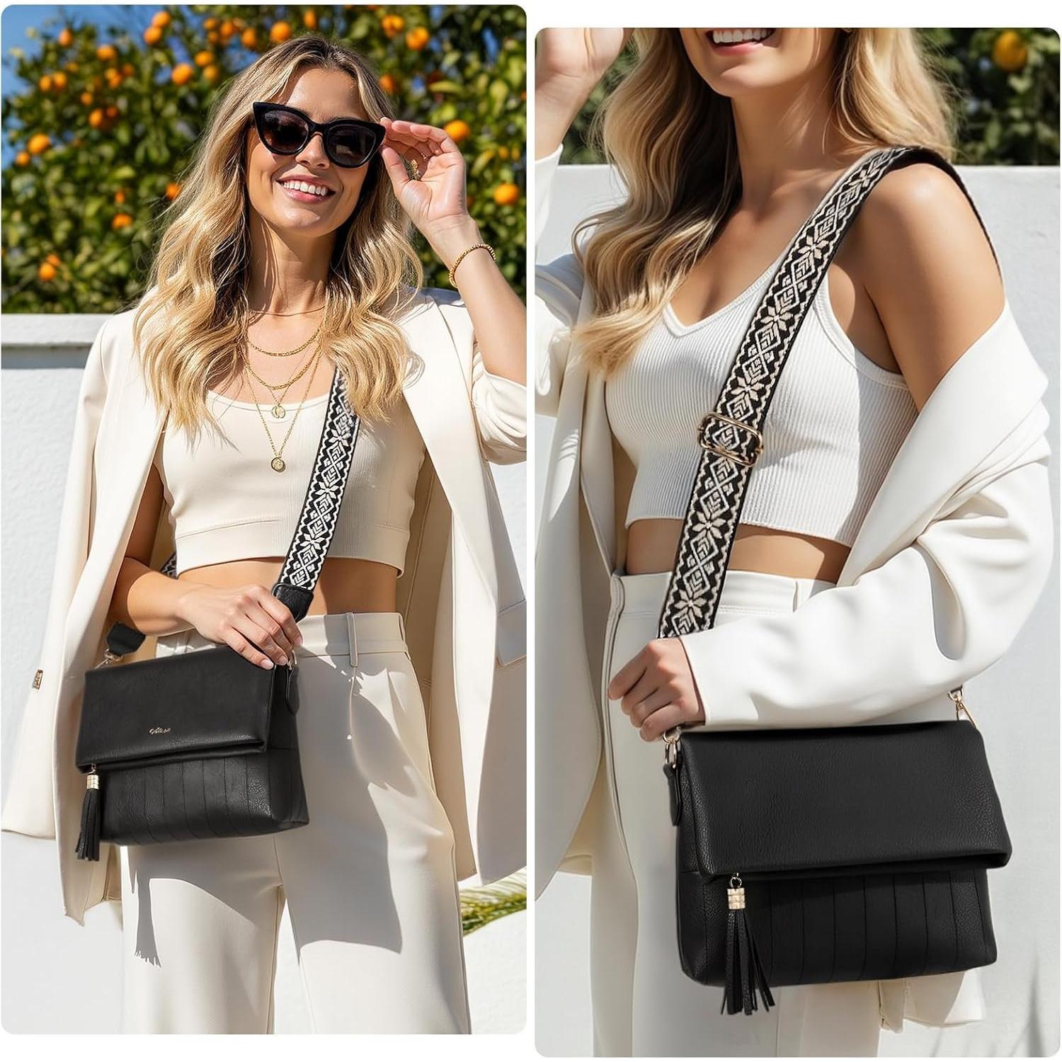 Women's Leather Crossbody Bags Anti  Purses RFID Blocking Handbags Trendy Travel Adjustable Strap Tassel