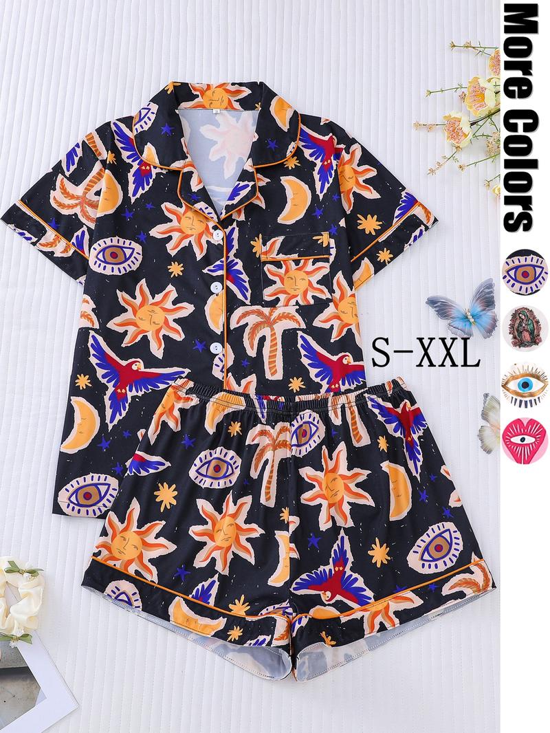 Two-piece Set Women's All Over Print Shirt & Elastic Waist Shorts Pajama, Casual Comfy Top & Shorts Pj Set, Ladies Sleepwear for All Seasons, Loungewear Set Women