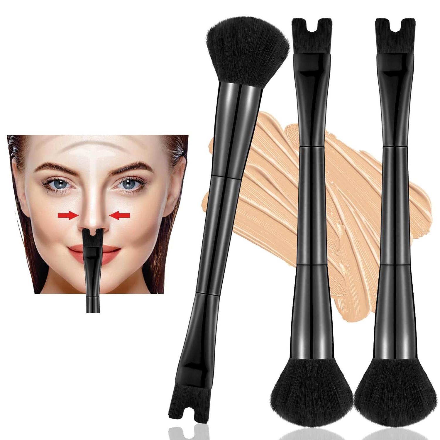 2-In-1 Contouring & Powder Brush Set, U-Shaped Dual Head Multifunctional Makeup Brush for Flawless Highlighting, Soft Bristles Precision Nose Shaping