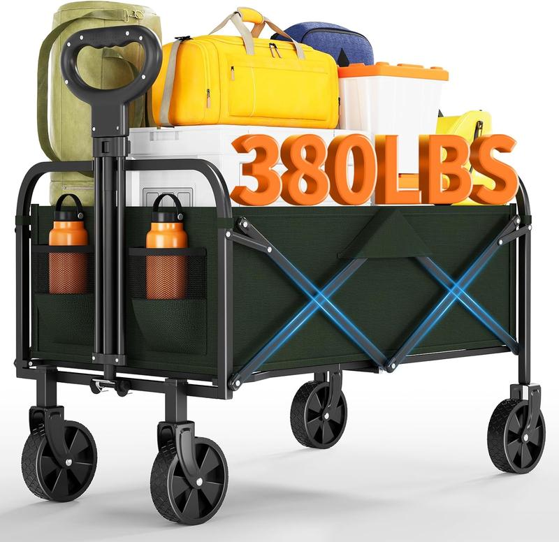 Foldable GarveeLife Multi-Purpose Trolley with All-Terrain Wheels, Drink Holders and Adjustable Grip, 172 kg, Portable Food Trolley for Shopping, Camping, Garden, Car Travel Accessories Black