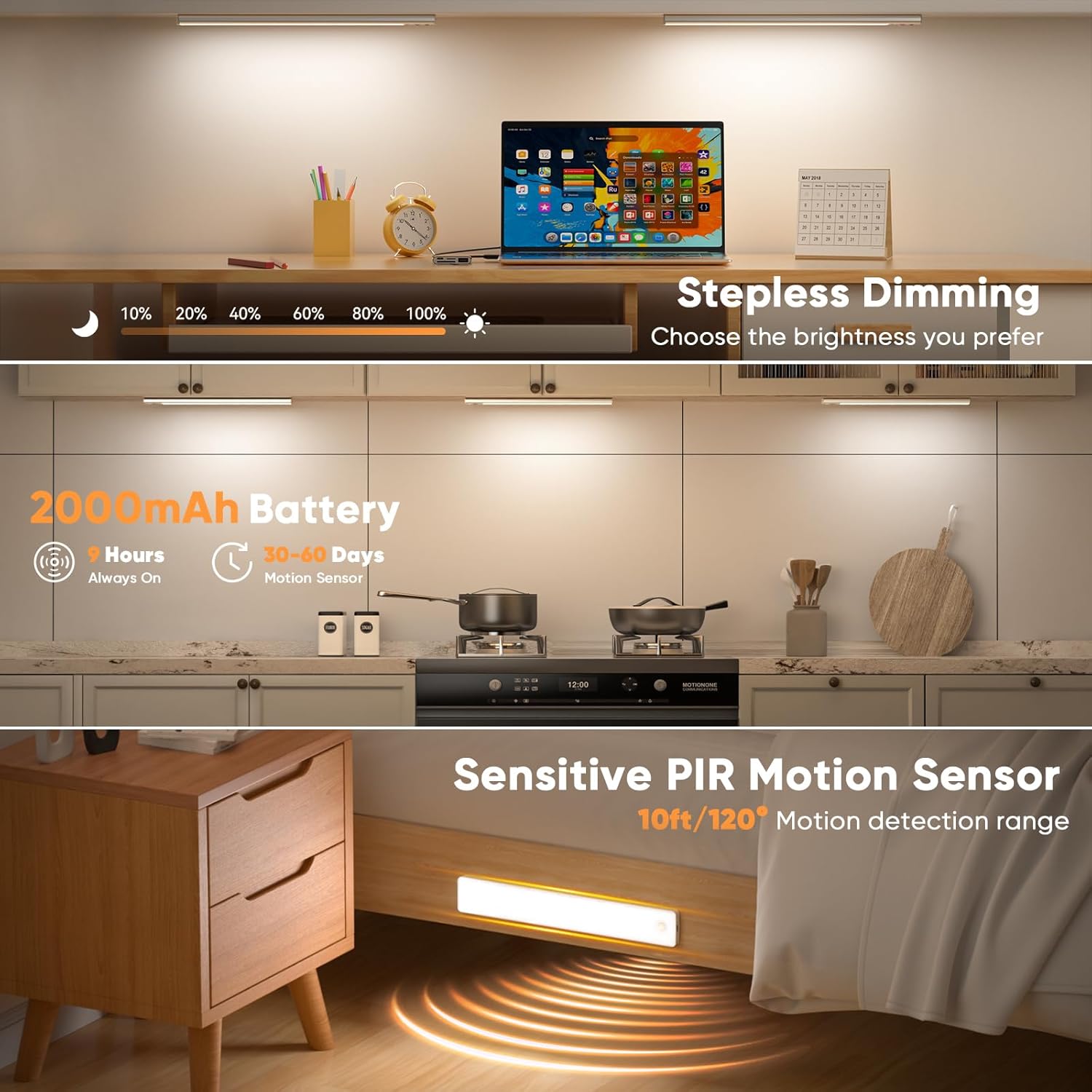 Under Cabinet Lighting, Motion Sensor Light Indoor, USB Rechargeable Battery Operated with Magnetic Closet, Kitchen, Counter, Motion-Activated Auto Shut-Off, Eye-Care Gradual Brightness (2/4-Pack)